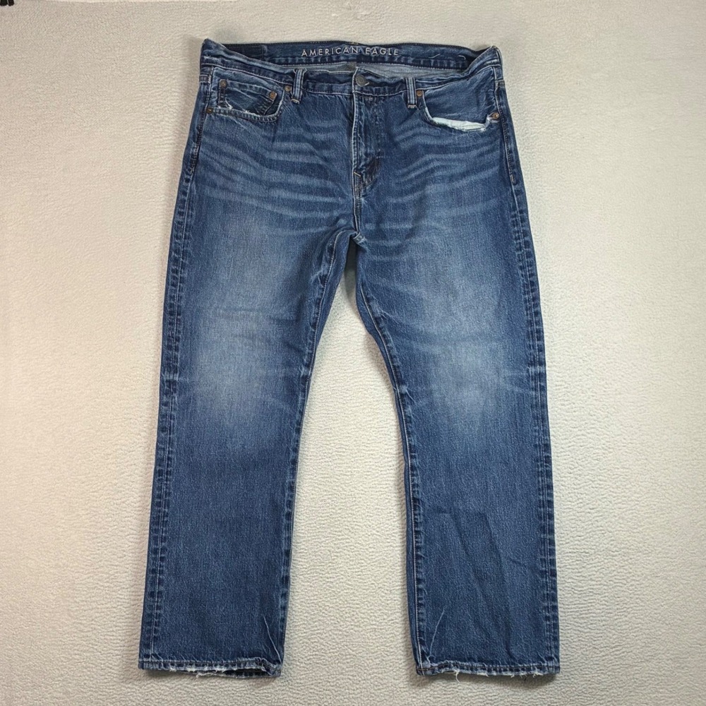 American Eagle Bootcut Jeans Men 36x30 Blue Whiskered Faded Original Classic Low